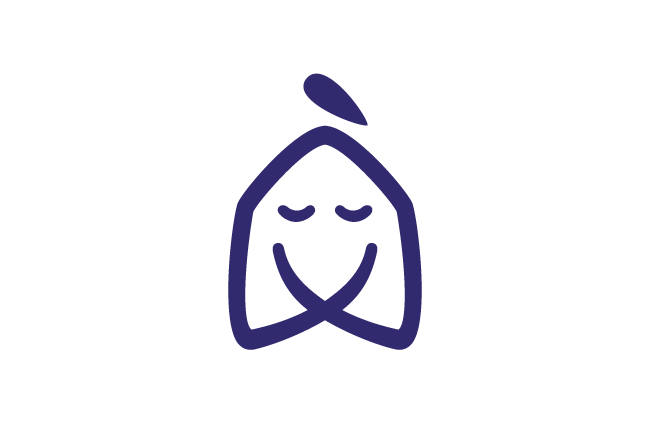 Dessin simple et stylisé en bleu foncé d'un poisson aux yeux fermés et à la bouche courbée, ressemblant à un visage paisible, sur fond blanc.