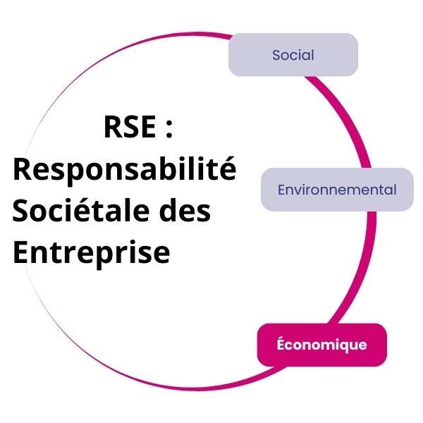 Diagramme expliquant la RSE (Responsabilité Sociétale des Entreprises) avec trois segments - Social, Environnemental et Économique - incluant des aspects tels que l'aide à domicile, le tout relié par une ligne courbe magenta sur fond blanc.