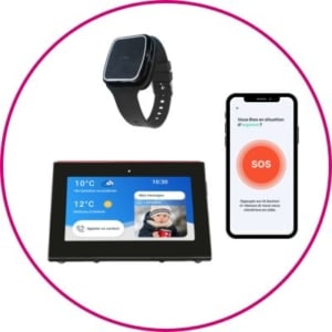 9 Une smartwatch, un smartphone affichant un écran d'alerte SOS et une tablette affichant une application météo et une photo illustrant la téléassistance à domicile, le tout à l'intérieur d'un cercle rose sur fond blanc.