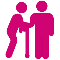 Illustration de deux personnages magenta ; l'un d'eux, tenant une canne, s'appuie sur le personnage debout pour le soutenir - symbolisant l'aide personne handicapée et la compassion ou les services aux handicapés.