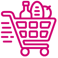 Dessin au trait rose d'un chariot de supermarché contenant des produits alimentaires, dont une bouteille, une miche de pain et une pomme, avec des lignes de mouvement indiquant le déplacement.
