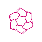 Un contour rose de six mains jointes en forme d'hexagone, chacune saisissant le poignet de la suivante, symbolise l'unité, le travail d'équipe et l'esprit Aidadomi sur un fond gris clair.