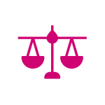 Icône rose d'une balance déséquilibrée sur fond gris clair. Le côté gauche est plus bas que le côté droit, reflétant l'inégalité ou le déséquilibre, et illustrant l'engagement de l'esprit Aidadomi en faveur de la sensibilisation et de l'inclusion sociales.