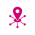 Une icône de carte rose au centre avec six lignes rayonnant vers l'extérieur, chacune se terminant par un petit cercle, ressemblant à un réseau ou à un nœud de connexion - symbolisant l'esprit Aidadomi - sur un fond gris clair.