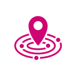 Une épingle à carte magenta est centrée au-dessus de cercles concentriques avec de petits points, incarnant l'esprit Aidadomi au sein d'une carte abstraite ou d'un dessin de navigation sur un fond gris clair.