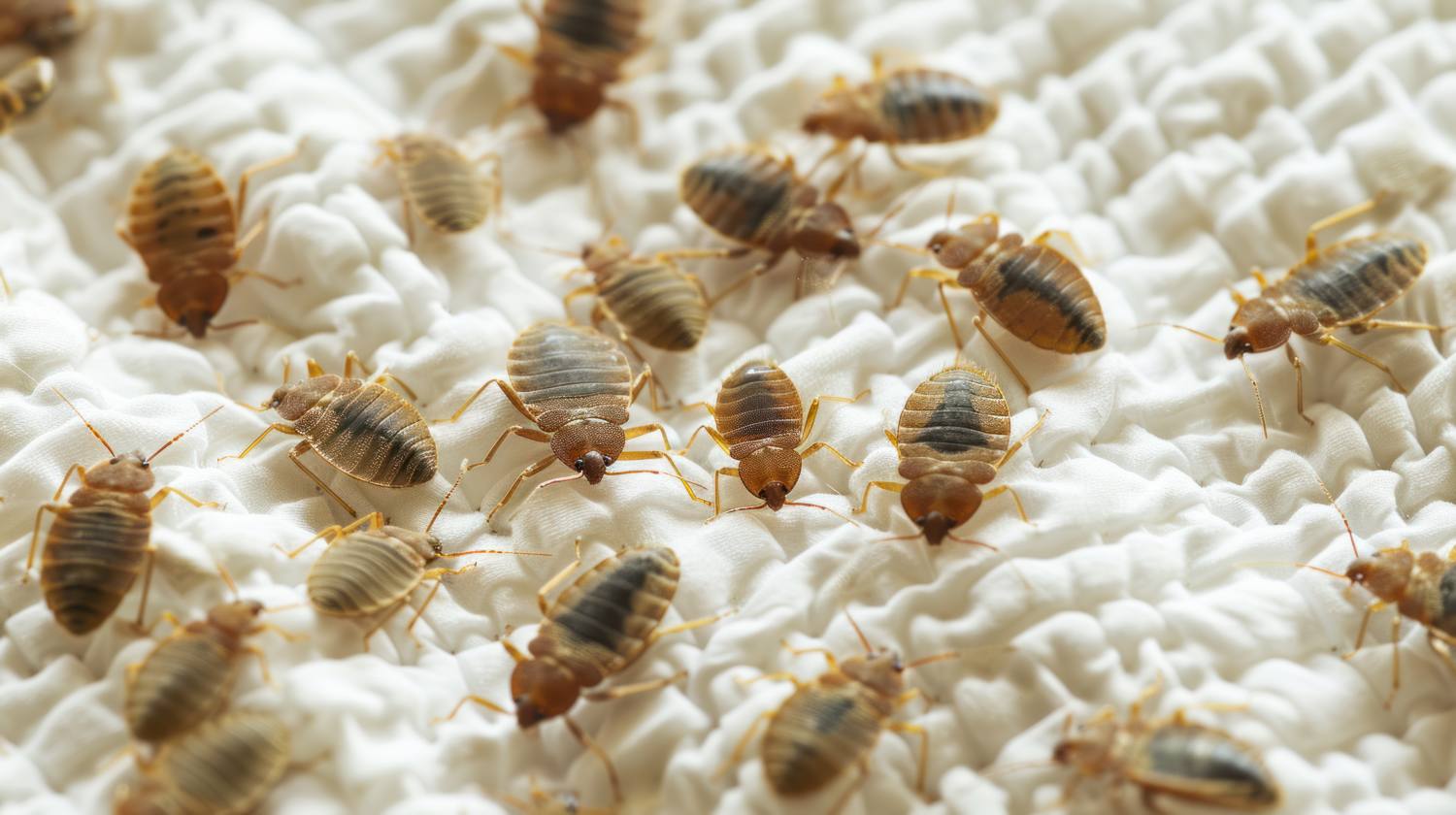 Gros plan de plusieurs punaises de lit brunes rampant sur une surface de tissu blanc texturé, illustrant le défi que représente l'élimination des punaises de lit par des méthodes de lavage appropriées.