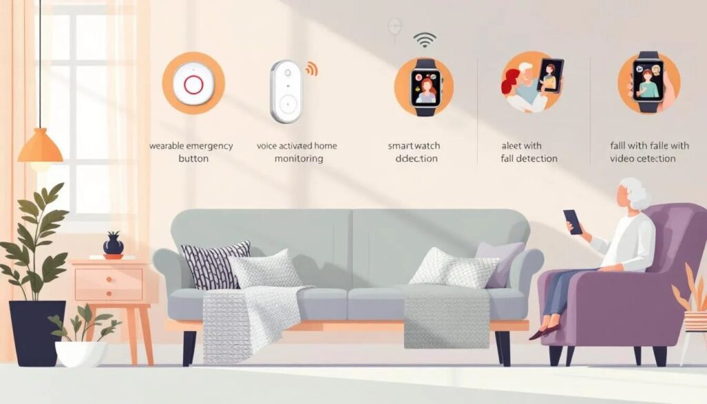 Illustration d'un salon avec une personne âgée utilisant un smartphone sur un canapé. Les icônes au-dessus mettent en évidence les fonctionnalités : bouton d'urgence, surveillance vocale, détection de la montre intelligente, alerte de chute et détection vidéo de chute.