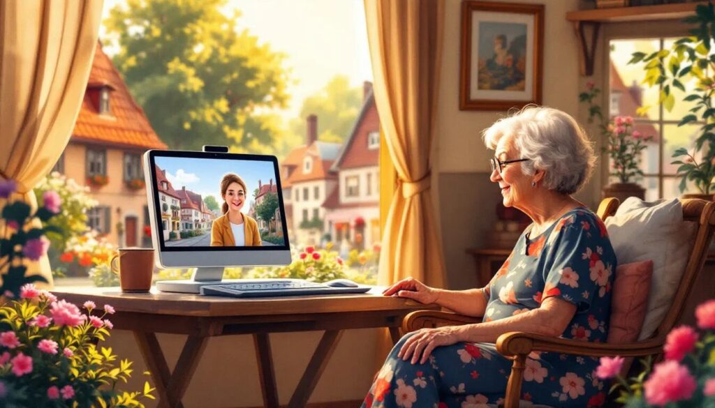 Une femme âgée vêtue d'une robe à fleurs est assise à un bureau près d'une fenêtre et sourit à une jeune femme sur un écran d'ordinateur pendant un appel vidéo. La lumière du soleil entre à flots, un village pittoresque est visible à l'extérieur et des fleurs entourent la fenêtre.