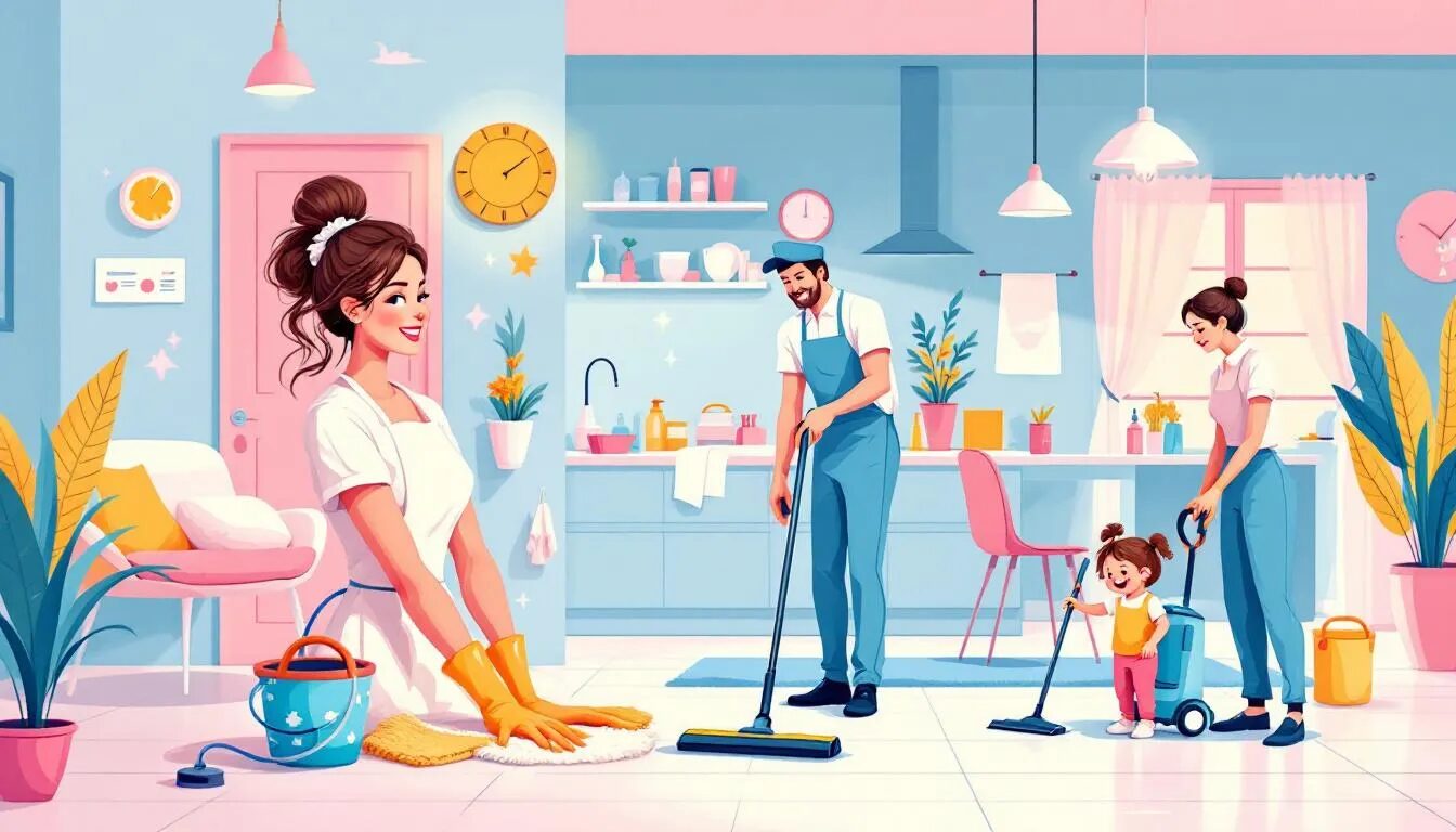 Une famille joyeuse nettoie ensemble une cuisine colorée. Une femme frotte le sol, un homme passe l'aspirateur et un enfant avec une queue de cheval pousse un aspirateur jouet tandis qu'une autre femme range, entourée de plantes et de produits de nettoyage.