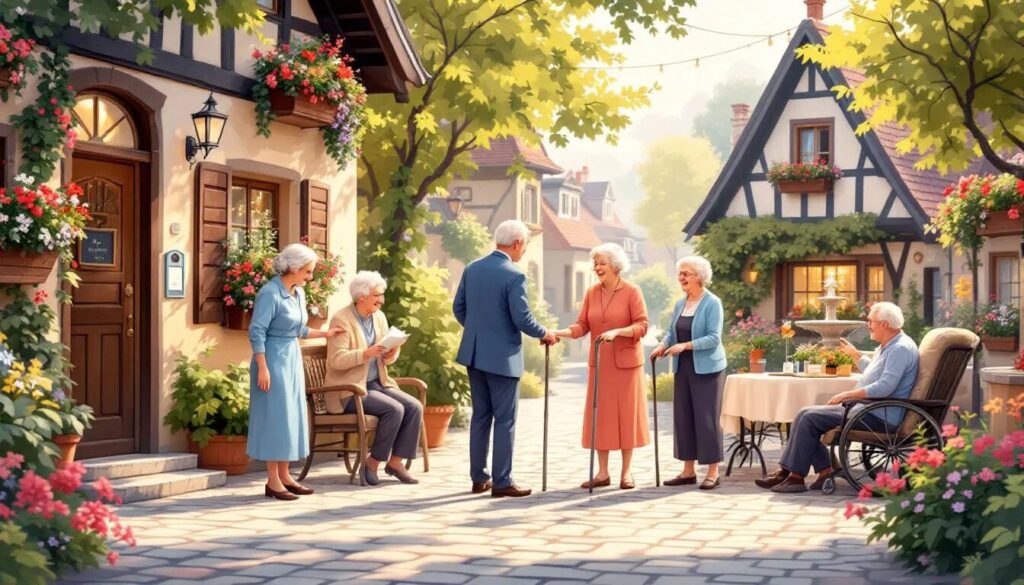 Un groupe de personnes âgées, dont certaines sont munies d'une canne et une autre d'un fauteuil roulant, socialise à l'extérieur de charmantes maisons de style cottage, dans une rue ensoleillée et bordée d'arbres, décorée de fleurs et de verdure.