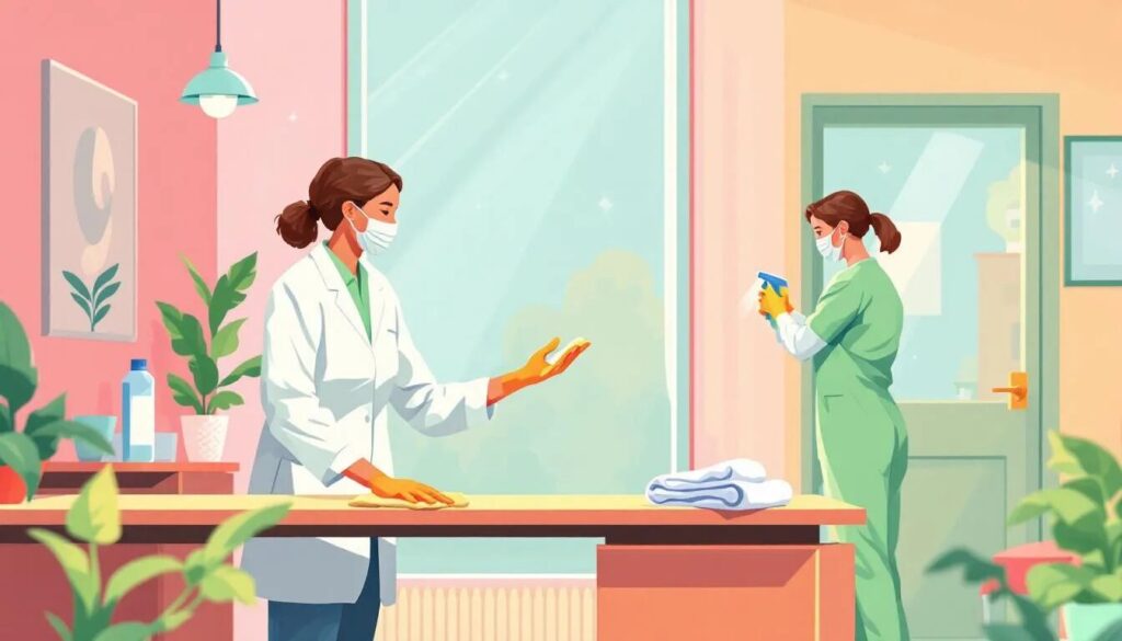 Deux femmes portant des masques et des gants nettoient une pièce très éclairée. L'une essuie un comptoir, tandis que l'autre vaporise du nettoyant sur une porte en verre. Des plantes, des serviettes et des produits de nettoyage sont visibles dans cet espace organisé et bien rangé.