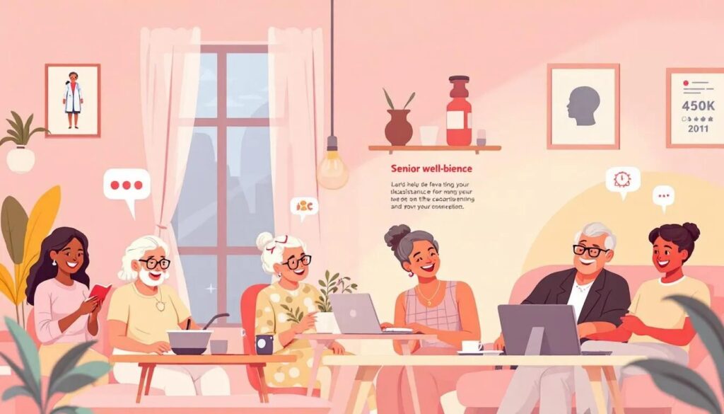 Un groupe diversifié de personnes âgées et une femme plus jeune sont assis ensemble à l'intérieur, discutant, souriant et utilisant des ordinateurs portables et des téléphones. La pièce est confortable, avec un éclairage chaleureux, des plantes et des photos encadrées sur les murs.