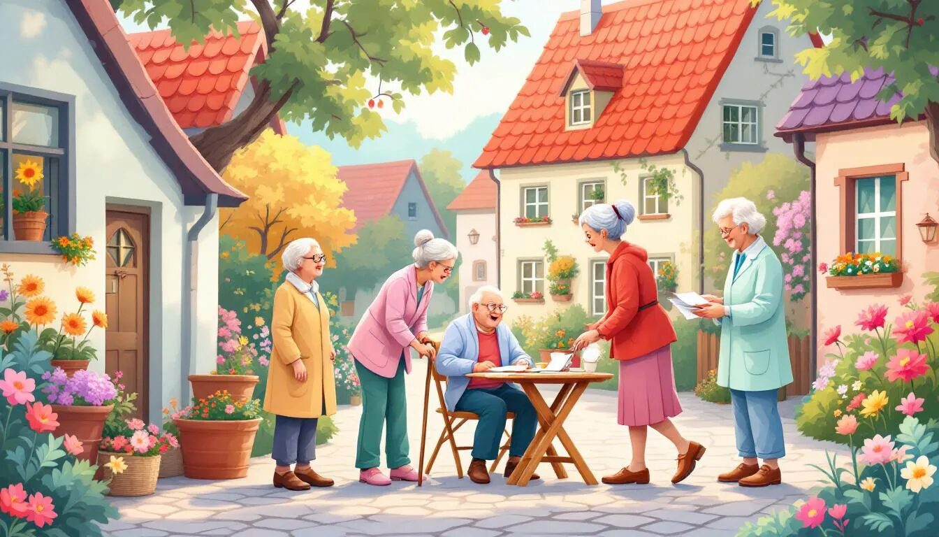 Cinq femmes âgées socialisent en plein air dans une charmante cour de village colorée avec des plantes en fleurs. Trois femmes sont debout, une se penche et une autre s'assoit à une table pour écrire ou dessiner. L'atmosphère est joyeuse et paisible.