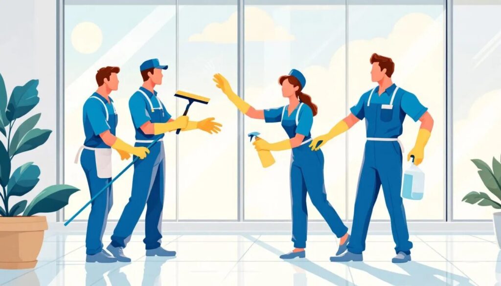 Quatre personnes en uniforme bleu et gants jaunes nettoient de grandes fenêtres en verre à l'intérieur, à l'aide de flacons pulvérisateurs, d'une raclette et d'une serpillière. Il y a des plantes en pot sur le sol et la lumière du soleil entre par les fenêtres.