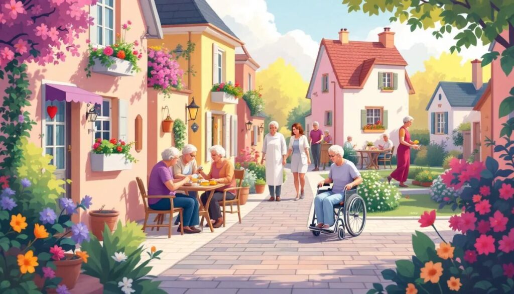 Des personnes âgées profitent d'une journée ensoleillée dans la cour d'un village coloré, discutant autour d'une table, marchant, jardinant, et une personne en fauteuil roulant. Des maisons roses et des fleurs éclatantes entourent cette scène vivante et accueillante.