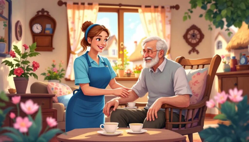 Une jeune femme souriante, vêtue d'un tablier bleu, tient la main d'un homme âgé dans une pièce confortable et ensoleillée, pleine de fleurs. Ils sont assis à une table avec deux tasses de thé, profitant d'un moment chaleureux et amical.