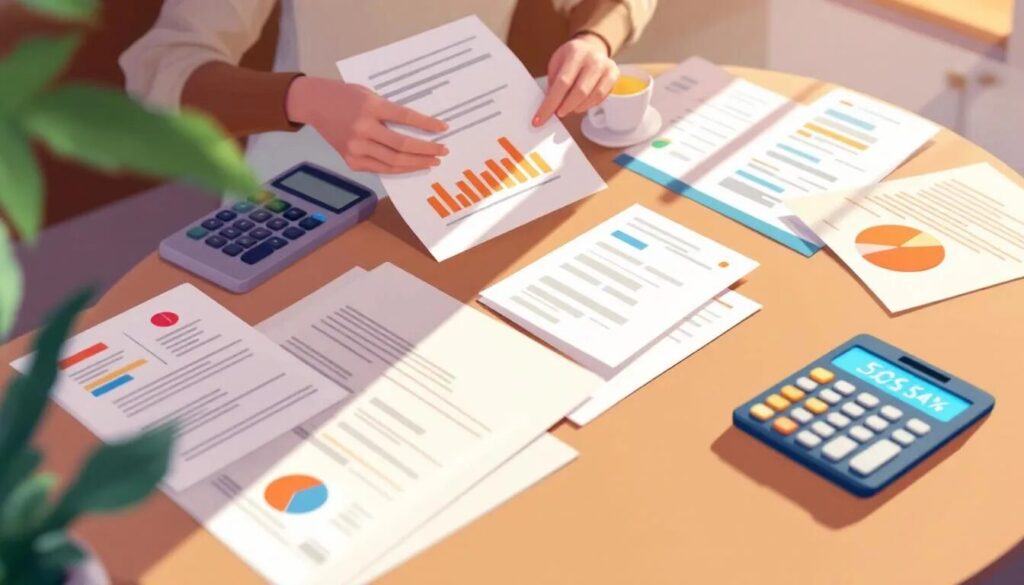 Une personne examine des documents financiers avec des tableaux et des graphiques à un bureau, entourée de calculatrices, de papiers et d'une tasse de café, ce qui indique un travail d'analyse de données ou de comptabilité.