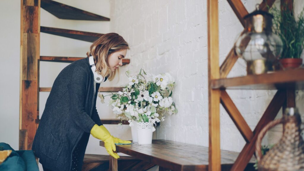 Une femme portant des gants en caoutchouc jaunes et des écouteurs époussette une table en bois à côté d'un mur de briques blanches, avec un vase de fleurs blanches sur la table, tout en restant active et attentive à des questions telles que la dénutrition. Des étagères en bois et un escalier sont visibles à l'arrière-plan.