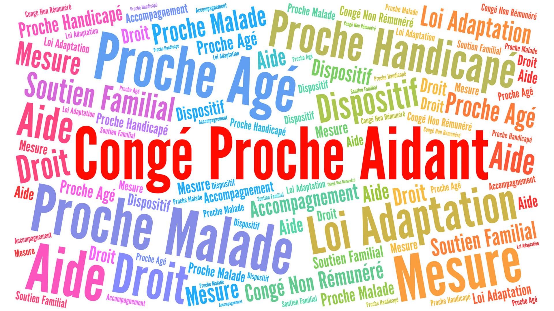 Un nuage de mots coloré avec Congé Proche Aidant en rouge gras au centre, avec des termes français associés comme congé aidant familial salarié, AJPA allocation journalière proche aidant, Proche Âgé, Droit, et montant AJPA 2026.