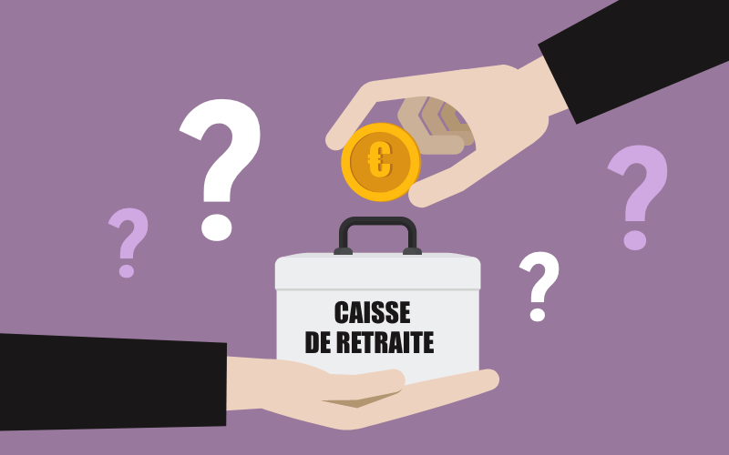 Illustration d'une main plaçant une pièce d'un euro dans une boîte étiquetée Caisse de Retraite avec des points d'interrogation autour, symbolisant l'incertitude sur les fonds de retraite et les options potentielles d'aide ménagère caisse de retraite comme l'aide CARSAT Sud-Est.