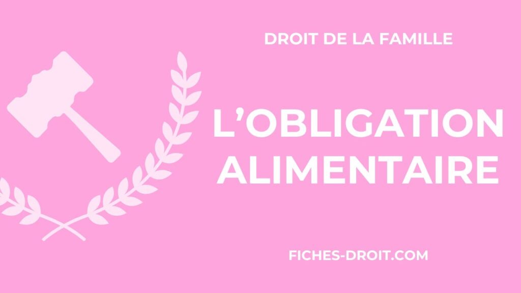 Graphique rose avec un marteau de juge blanc, des branches de laurier et du texte : Droit de la famille, article 205 code civil sur l'obligation alimentaire parents âgés 2026, et fiches-droit.com.