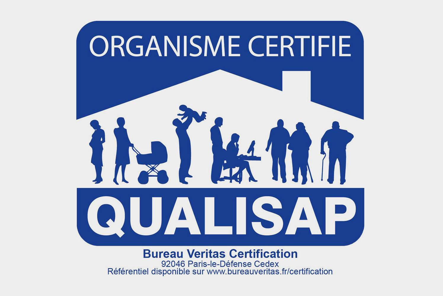 Logo bleu et blanc avec une silhouette de toit de maison et différents personnages, mettant en avant la certification NF Service V10.1. Le texte indique ORGANISME CERTIFIÉ QUALISAP Bureau Veritas Certification.