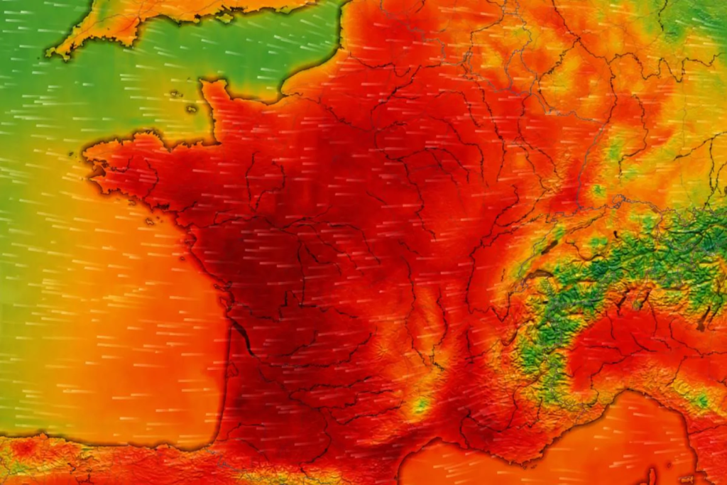 Une carte thermique de la France et des régions voisines présente des teintes intenses de rouge et d'orange, indiquant des températures élevées, ce qui souligne la nécessité de rafraîchir sa maison sans climatisation. De fines lignes blanches représentent les courants d'air qui traversent les régions plus fraîches du nord.