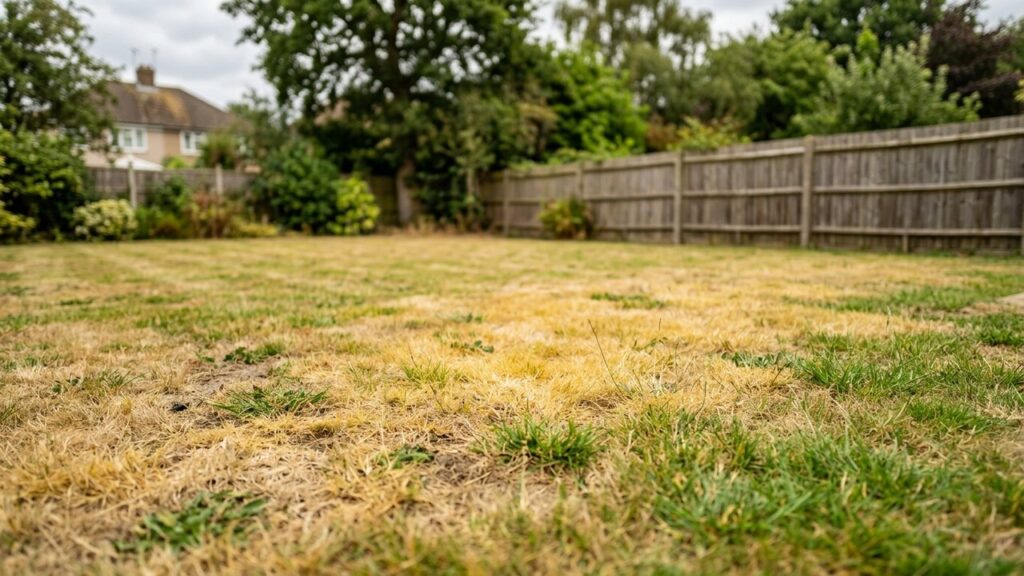 Un jardin avec une clôture en bois et des arbres. L'herbe est clairsemée et sèche, avec de nombreuses zones jaunes et brunes, ce qui donne l'impression d'une pelouse jaunie qui a besoin d'entretien. Le ciel est nuageux, ce qui en fait le moment idéal pour commencer à réensemencer la pelouse en automne afin de redonner vie à cet espace extérieur.