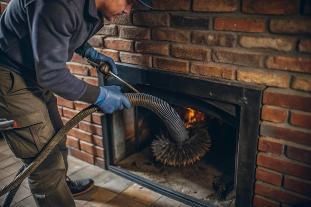 Une personne portant des gants utilise un aspirateur et une brosse pour nettoyer l'intérieur d'une cheminée en briques, avec un feu qui brûle en arrière-plan, illustrant ainsi comment le ramonage obligatoire garantit la sécurité et le bon fonctionnement de l'installation.