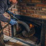 Une personne portant des gants utilise un aspirateur et une brosse pour nettoyer l'intérieur d'une cheminée en briques, avec un feu qui brûle en arrière-plan, illustrant ainsi comment le ramonage obligatoire garantit la sécurité et le bon fonctionnement de l'installation.