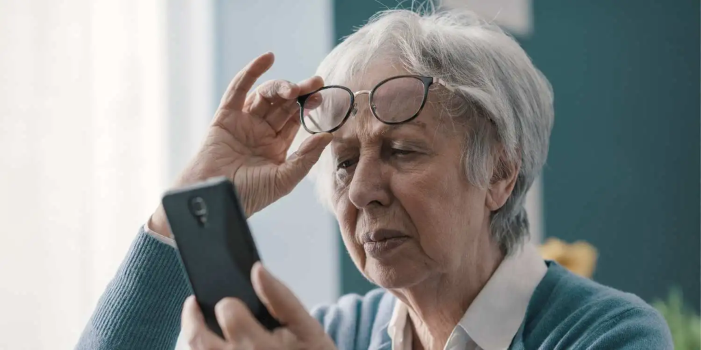 Une femme âgée remonte ses lunettes tout en plissant les yeux pour regarder son smartphone ; elle semble avoir du mal à lire l'écran. Elle présente peut-être des symptômes de la DMLA, ce qui pourrait nécessiter l'utilisation d'outils tels que la grille d'Amsler ou un meilleur éclairage de son logement pour l'aider à voir.