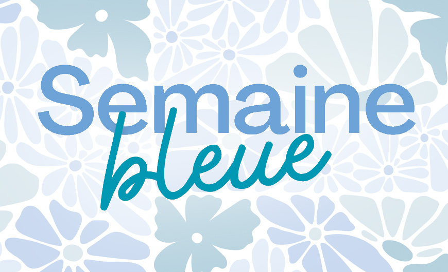 L'image comporte l'inscription Semaine bleue en bleu sur un fond composé de motifs floraux abstraits bleus et blancs, mettant en avant les activités pour les personnes âgées de la Semaine Bleue.