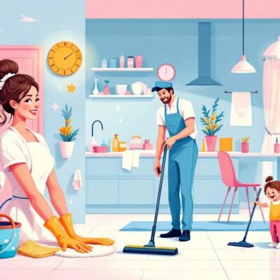 Une famille joyeuse nettoie ensemble une cuisine colorée. Une femme frotte le sol, un homme passe l'aspirateur et un enfant avec une queue de cheval pousse un aspirateur jouet tandis qu'une autre femme range, entourée de plantes et de produits de nettoyage.
