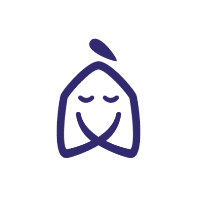Dessin simple et stylisé en bleu foncé d'un poisson aux yeux fermés et à la bouche courbée, ressemblant à un visage paisible, sur fond blanc.