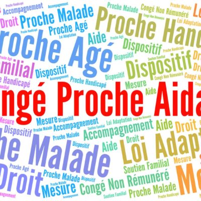 Un nuage de mots coloré avec Congé Proche Aidant en rouge gras au centre, avec des termes français associés comme congé aidant familial salarié, AJPA allocation journalière proche aidant, Proche Âgé, Droit, et montant AJPA 2026.