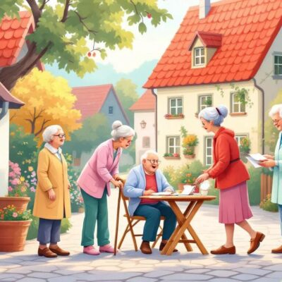 Cinq femmes âgées socialisent en plein air dans une charmante cour de village colorée avec des plantes en fleurs. Trois femmes sont debout, une se penche et une autre s'assoit à une table pour écrire ou dessiner. L'atmosphère est joyeuse et paisible.