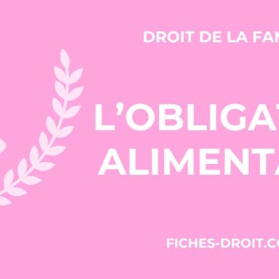 Graphique rose avec un marteau de juge blanc, des branches de laurier et du texte : Droit de la famille, article 205 code civil sur l'obligation alimentaire parents âgés 2026, et fiches-droit.com.