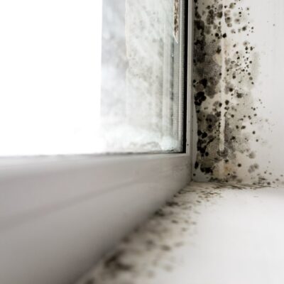 Gros plan sur un cadre de fenêtre blanc et un angle de mur présentant des taches de moisissure noire, signe d’humidité et d’une mauvaise ventilation. Cette image souligne l’importance de trouver des solutions contre l’humidité dans la maison et d’éliminer la moisissure sur les murs afin d’empêcher sa propagation dans l’habitation.